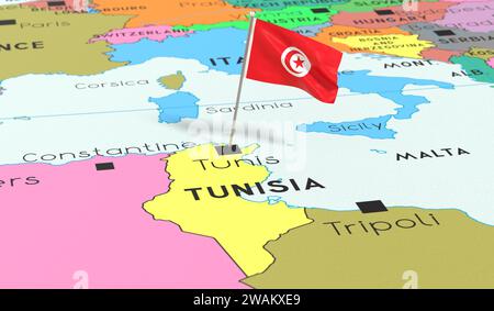 Tunisie, Tunis - drapeau national épinglé sur carte politique - illustration 3D. Banque D'Images