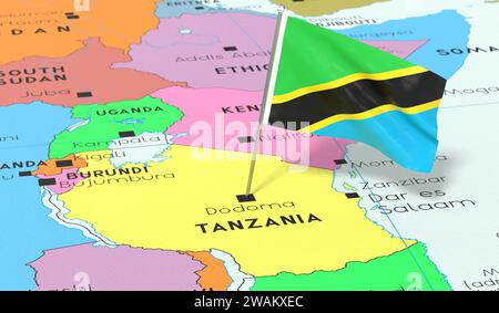 Tanzanie, Dodoma - drapeau national épinglé sur la carte politique - illustration 3D. Banque D'Images