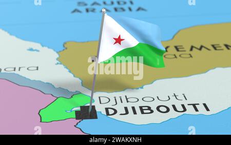 Djibouti - drapeau national épinglé sur la carte politique - illustration 3D. Banque D'Images