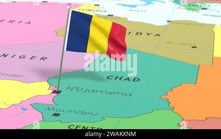 Tchad, N Djamena - drapeau national épinglé sur la carte politique - illustration 3D. Banque D'Images