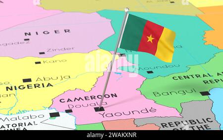 Cameroun, Yaoundé - drapeau national épinglé sur carte politique - illustration 3D. Banque D'Images