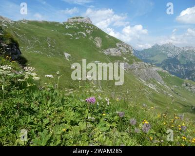 Vue panoramique en randonnée sur le sentier Fürstin Gina près de Malbun au Liechtenstein Banque D'Images