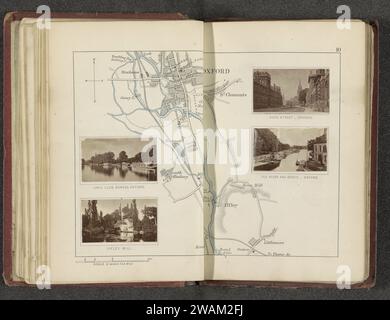 Carte avec quatre images de lieux le long de la Tamise près d'Oxford, en 1878 ou après - en 1879 ou avant impression photomécanique. Imprimer à gauche : lieu de débarquement pour les bateaux intérieurs et un moulin à Iffley, à droite : High Street et la Tamise à Oxford. Rivière de gravure de papier Oxford. Moulin à eau dans le paysage Oxford Banque D'Images