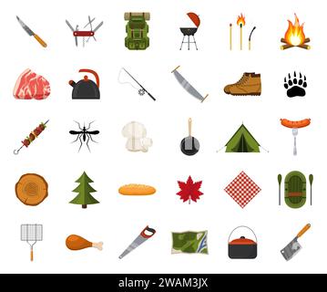 Jeu d'icônes de camping et de randonnée. Éléments de randonnée en forêt. Camp Gear Backpacker collection tente touristique, sac à dos, nourriture, barbecue, bateau, chaussures, feu de camp et o Illustration de Vecteur