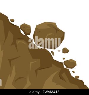 Glissement de terrain isolé sur fond blanc, des pierres tombent de la roche. Des rochers descendent une colline. Illustration vectorielle Rockfall Illustration de Vecteur