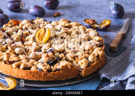 Gâteau aux prunes allemand maison (Zwetschgenkuchen) avec pâte à levure et crumbles Banque D'Images