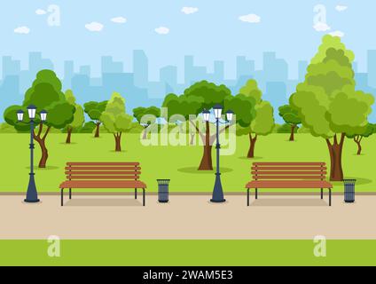 Banc en bois City Park, pelouse et arbres, poubelle. Passerelle et éclairage public. Ville et parc de la ville paysage nature. Illustration vectorielle Illustration de Vecteur