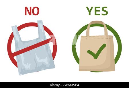 Concept de problème de pollution. Sac en plastique et éco sac isolé sur fond blanc. Dites non aux sacs en plastique, apportez votre propre sac textile. Signalisation appelant f Illustration de Vecteur