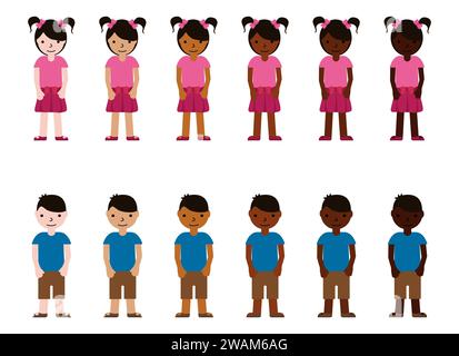 Filles et garçons avec différentes couleurs de peau. La diversité raciale des jeunes enfants. Illustration vectorielle multinationale. Illustration de Vecteur