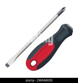 Tournevis réaliste isolé sur fond blanc. Outils à main pour la réparation et la construction. Tournevis cruciforme et tête plate phillips, Vector illust Illustration de Vecteur