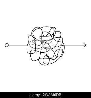 Ligne désordonnée insensée, voie clew compliquée sur fond blanc. Chemin de griffonnage enchevêtré, processus difficile chaotique. Ligne noire incurvée, résolvant un comple Illustration de Vecteur
