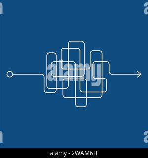 Ligne désordonnée insensée, voie clew compliquée sur fond bleu. Chemin de griffonnage enchevêtré, processus difficile chaotique. Ligne blanche courbe, résolution d'un complexe Illustration de Vecteur