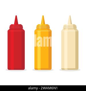 Bouteilles de moutarde de ketchup et mayonnaise avec sauce épicée délicieuse pour la restauration rapide. Récipients blancs, rouges, jaunes pour sauces et vinaigrettes isolés sur wh Illustration de Vecteur