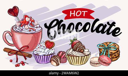Bannière chaude de station de cacao pour la conception, biscuits de Noël, pain d'épices, bonbons, bonbons, bricolage, signe de Noël, artisanat de vacances Illustration de Vecteur