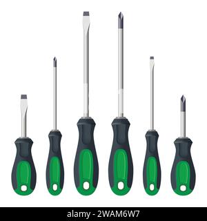 Tournevis réalistes ensemble isolé sur fond blanc. Outils à main pour la réparation et la construction. Petit et grand, cruciforme cruciforme et tête plate phillips Illustration de Vecteur