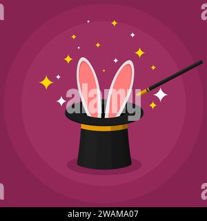 Chapeau de haut magique avec des oreilles de lapin et une baguette, magicien montre un tour. Soirée de divertissement ou beau spectacle de cirque. Illustration vectorielle. Illustration de Vecteur