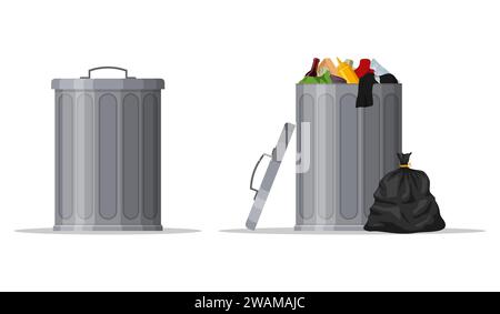 Poubelle en acier pleine de déchets et conteneur avec couvercle fermé. Poubelle avec déchets isolés sur fond blanc. Poubelle à roulettes et sac poubelle. Scène W Illustration de Vecteur