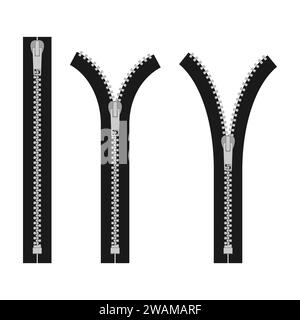 Fermeture à glissière isolée sur fond blanc, fermetures à glissière de vêtements, fermeture à glissière en tissu fendu, ouverture ou décompression et fermeture à glissière ou fermeture à glissière en métal. Illustration vectorielle. Illustration de Vecteur