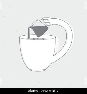 Tasse verse le lait dans lui-même en dessinant dans le style de ligne plate de dessin animé sur fond gris Illustration de Vecteur