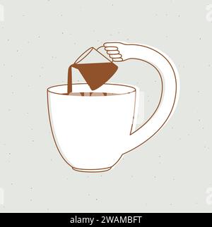 Tasse verse le lait dans lui-même dessin dans le style de ligne plate de dessin animé sur fond beige Illustration de Vecteur