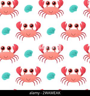 Motif sans couture avec crabe rouge et coquille sur fond blanc. Illustration de Vecteur