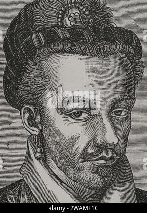 Henri III (1551-1589). Roi de France (1574-1589). Roi de Pologne (1573-1574) comme Henri de Valois (Henryk Walezy). Portrait. Fac-similé d'après une gravure de Léonard Gaultier. Détails. Sciences & lettres au Moyen Age et à l'époque de la Renaissance. Paris, 1877. Banque D'Images