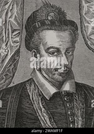 Henri III (1551-1589). Roi de France (1574-1589). Roi de Pologne (1573-1574) comme Henri de Valois (Henryk Walezy). Portrait. Fac-similé d'après une gravure de Léonard Gaultier. Sciences & lettres au Moyen Age et à l'époque de la Renaissance. Paris, 1877. Banque D'Images