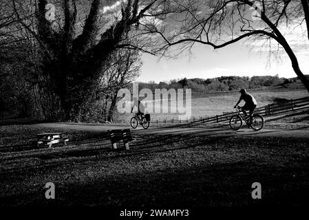 Les cyclistes et les marcheurs profitent d'une chaude après-midi d'automne sur le populaire Virginia Creeper Trail à Abingdon, en Virginie. Banque D'Images