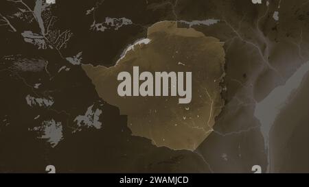 Zimbabwe mis en évidence sur une carte d'altitude colorée dans les tons sépia avec des lacs et des rivières Banque D'Images