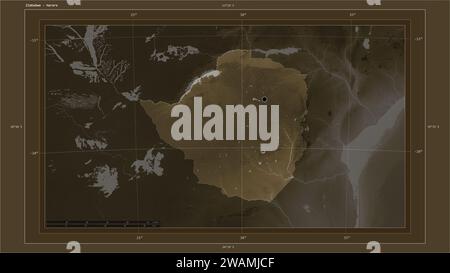 Zimbabwe mis en évidence sur une carte d'altitude colorée en tons sépia avec lacs et rivières carte avec le point de la capitale du pays, grille cartographique, distance Banque D'Images
