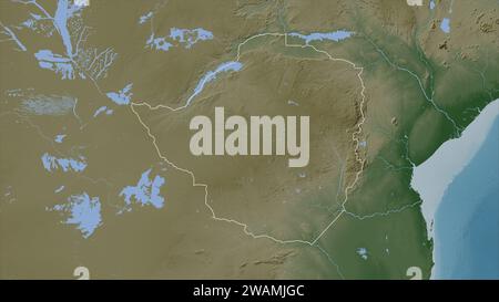 Zimbabwe décrit sur une carte d'altitude en couleur pâle avec des lacs et des rivières Banque D'Images