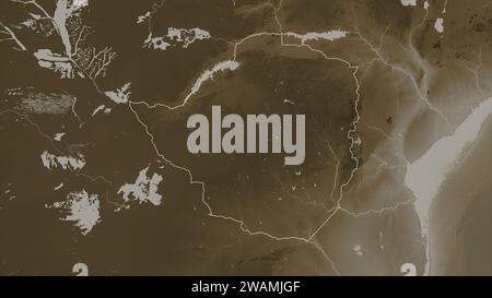 Zimbabwe décrit sur une carte d'altitude colorée dans les tons sépia avec des lacs et des rivières Banque D'Images