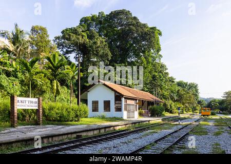 Gare de Bukit Timah, Singapour, située le long du couloir ferroviaire, avec jardins patrimoniaux, trains et gare. Banque D'Images