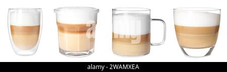Délicieux latte macchiato dans différents verres sur fond blanc, ensemble Banque D'Images