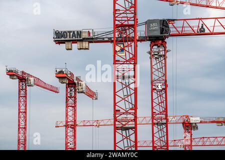 Grues de construction sur un grand chantier à Düsseldorf, Deiker Höfe, NRW, Allemagne, Banque D'Images