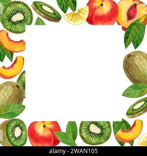 Cadre carré fait de fruits. Nectarines, kiwis, citrons, feuilles vertes, tranches de fruits peintes à l'aquarelle à la main. Convient pour l'impression sur tissu Banque D'Images