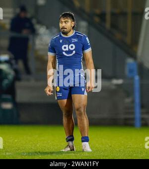 5 janvier 2024 ; Salford Community Stadium, Salford, Lancashire, Angleterre; Gallagher Premiership Rugby, sale Sharks versus Bristol Bears ; Rekeiti Ma'asi-White of sale Sharks Banque D'Images