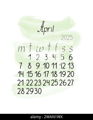Modèle mensuel de calendrier pour avril 2025 en orientation portrait verticale de style minimaliste simple, fond abstrait coloré sans forme, la semaine commence le lundi, page imprimable vectorielle Illustration de Vecteur