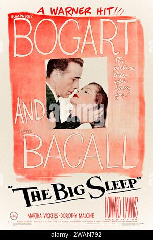 The Big Sleep (1946) réalisé par Howard Hawks et mettant en vedette Humphrey Bogart, Lauren Bacall et John Ridgely. Le détective privé Philip Marlowe est embauché par une famille riche. Avant la fin de l'affaire complexe, il a vu meurtre, chantage et ce qui pourrait être l'amour. Photographie d'une affiche originale entièrement restaurée et en lin 1946 US une feuille. ***USAGE ÉDITORIAL SEULEMENT*** crédit : BFA / Collection privée / Warner Bros Banque D'Images