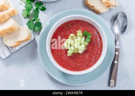 Soupe froide Gazpacho garni de concombre et de coriandre, dans un bol, vue horizontale de dessus Banque D'Images