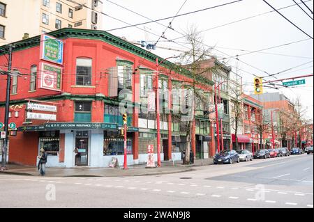 Quartier historique de Chinatown à Vancouver. Bâtiments anciens et commerces dans le quartier de China Town. Banque D'Images