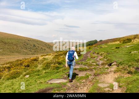 Paysage de Dartmoor, modèle libéré femme d'âge moyen marchant vers Wistmans Wood (en avant) à travers la vallée de fléchettes ouest, Devon, Angleterre, Royaume-Uni, 2023 Banque D'Images