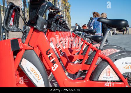 Barcelone, Espagne : 19 novembre 2023 : Service public de vélos à Barcelone sur la plage de la Barceloneta dans la capitale de la Catalogne en Espagne en 2023. Banque D'Images