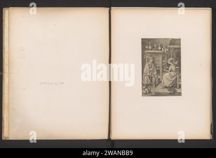 Reproduction d'un tirage d'une visite à la fileuse par Israhel van Meckenem, Simonau & Tooey, d'après Israhel van Meckenem, c. 1867 - en 1872 ou avant tirage photomécanique ce tirage fait partie d'une couverture avec 12 tirages sur 12 feuilles. Bruxelles (peut-être) papier femme adulte. filature (fabrication de fils). homme adulte Banque D'Images