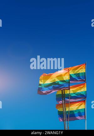 Plusieurs drapeaux de fierté colorés flottent énergiquement dans la brise, sur fond d'un ciel bleu vif à la verticale Banque D'Images