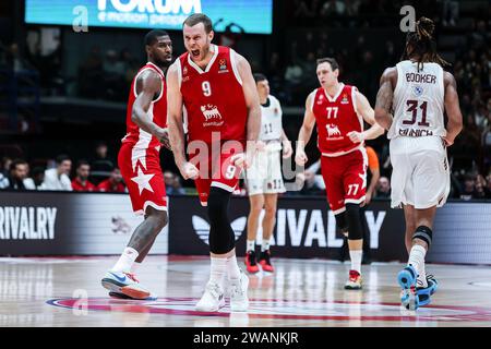 Milan, Italie. 05 janvier 2024. Nicolo Melli #9 de EA7 Emporio Armani Milan célèbre lors du match de la saison régulière 19 de Turkish Airlines Euroleague 2023/24 entre EA7 Emporio Armani Milan et le FC Bayern Munich au Mediolanum Forum. NOTE FINALE : EA7 Milan 76 | 62 Bayern M. crédit : SOPA Images Limited/Alamy Live News Banque D'Images