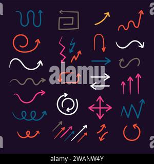 Divers style coloré flèche Set.Dark Background. Signe de pointeur de direction de flèche minimale mignon Illustration de Vecteur