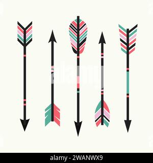 Ensemble vectoriel de flèches ethniques colorées, flèche de plume dessinée à la main, plumes tribales sur le pointeur et vecteur d'arc décoratif Illustration de Vecteur