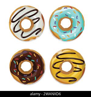 Ensemble coloré de beignets glacés avec caramel et bonbons, ensemble vectoriel Donuts isolé sur un fond blanc Illustration de Vecteur