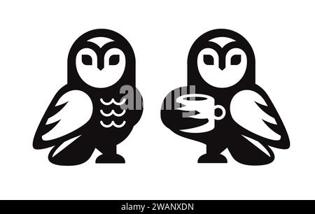 hibou de grange tenant une tasse de vecteur de fond noir et blanc d'icône de café Illustration de Vecteur